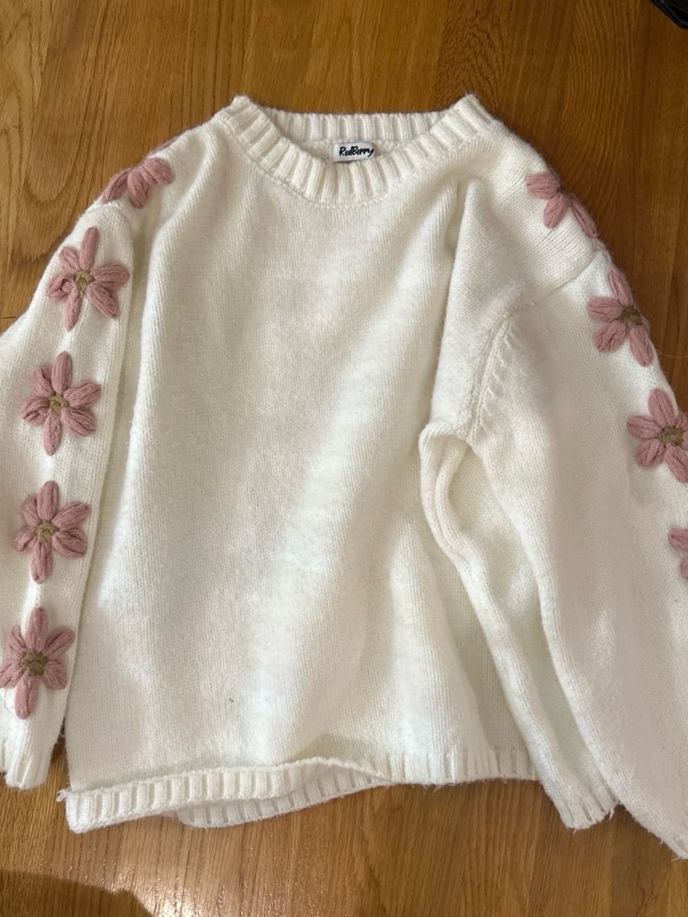 Cream Knit Sweater with Pink Floral Sleeves